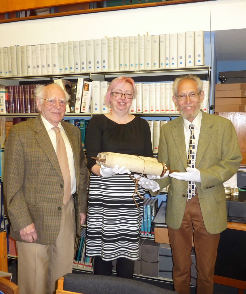 The Scroll being given by Hilary Bracegirdle the Museums Director to Harvey Kurzfield and Leslie Lipert – May 2013